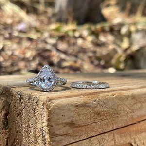 Authentic Antique 14K White Gold Plated Wedding Ring Set 2Ct Pear Moissanite Stacking Ring