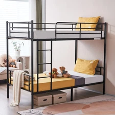 Furniture of Metal-Framed Twin Over Twin Bunk Bed for Kids Adult Children Black
