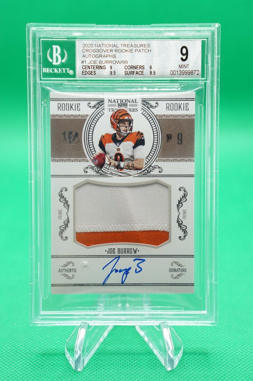 2020 National Treasures Crossover Rookie Patch Auto #19/99 Joe Burrow BGS 9 R622