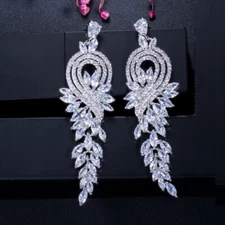 Silver Plated CZ Austrian Crystal Bridal Long Leaf Dangle Drop Earrings Jewelry