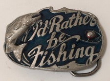 1994 GAP Brass Pewter Belt Buckle I'd Rather Be Fishing Mfg 523 2 3/4" Wide USA