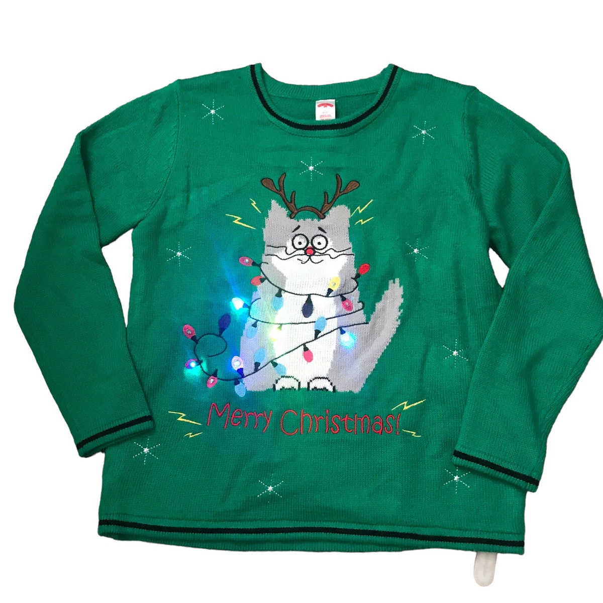 Christmas Cat Teens Holiday Light Up LED Knit Ugly Sweater NWT Size M  (8-10) | eBay