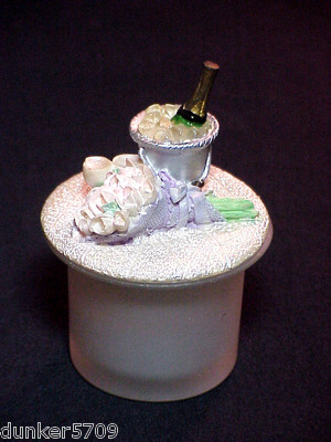 GLASS & RESIN CANDLE VOTIVE TOP LID HAS CHAMPAGNE BOTTLE ON ICE WITH BOUQUET