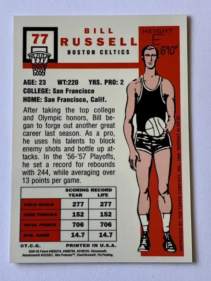 BILL RUSSELL - 1996-97 Topps 最佳 #77 - 1957 年新秀 Chrome 翻印 带去皮 — 第 3/4 张图片