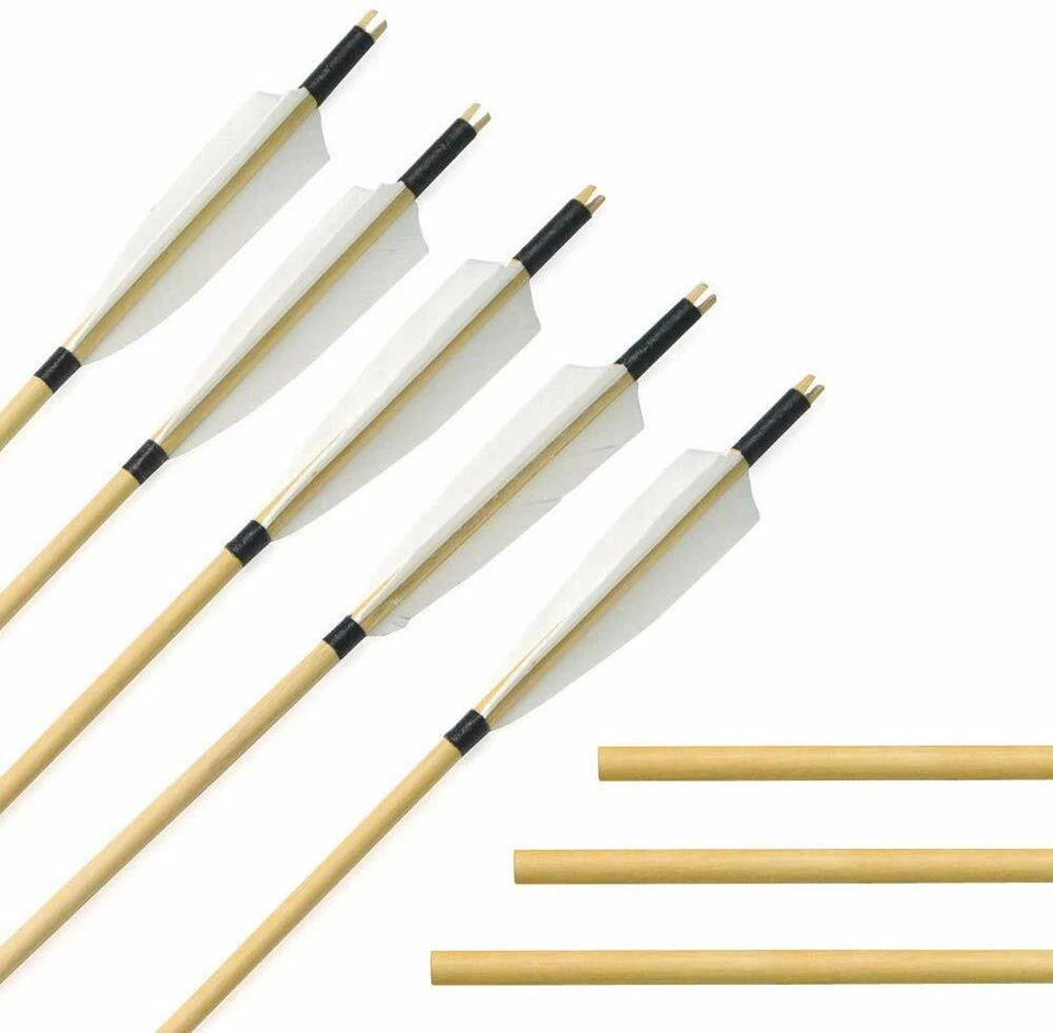 31" Wooden Arrow 5" Turkey Feather Archery Recurve Bow Longbow Hunting Shooting - Image 2 of 4