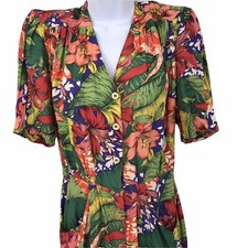 Vintage Tropical Floral Midi Dress Womens Size M Button Front Carol Anderson