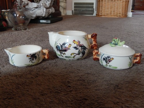 Ceramic Stacking Tea Set For One, Roosters Teapot Creamer Cup Vintage UNIQUE - Picture 4 of 24