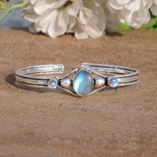 Blue Fire Labradorite Gemstone 925 Sterling Silver Bracelet Everyone Gift Cuff - Picture 3 of 9