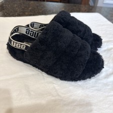 UGG Slipper Sz 9 Fluff Yeah Slides Sheepskin Black Sandals Hard Bottom Shoes