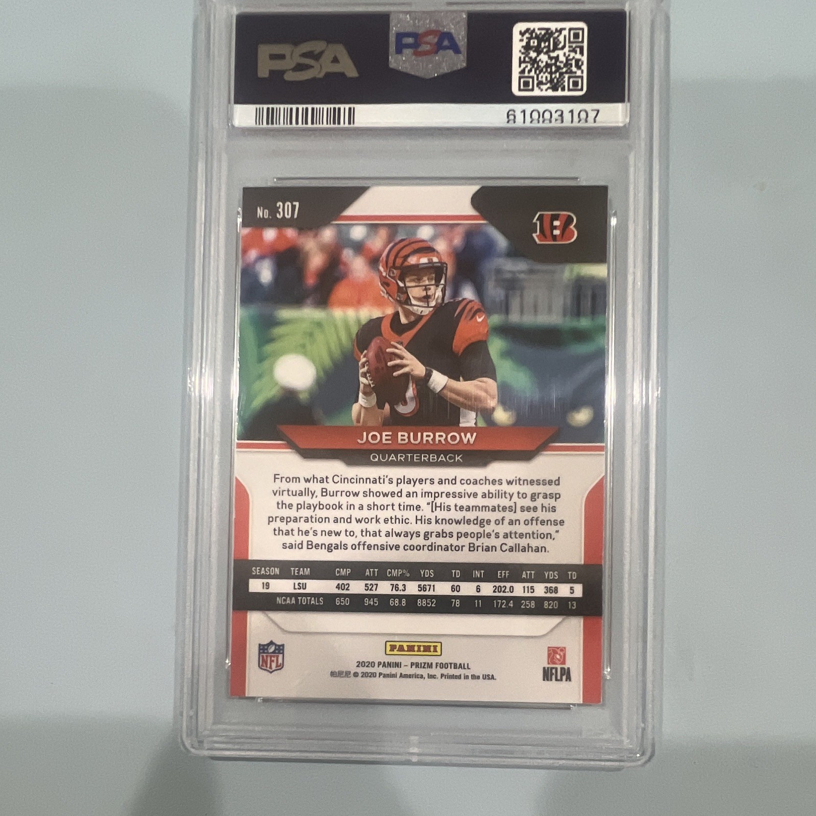 Panini Prizm 2020 Joe Burrow RC Rookie Variation Negative SP #307 Bengals PSA 9 view 2