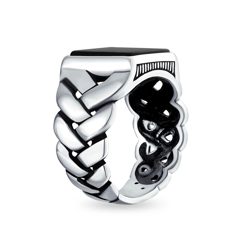 Mens Silver Ring Braided Cable Wheat Chain Band with Green Malachite Gemstone - Image 2 of 4