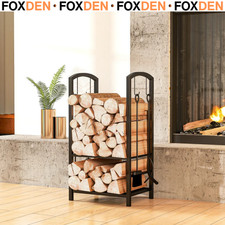 2-Tier Metal Firewood Log Holder with Tools and Hooks, 40 x 30 x 74.5 cm