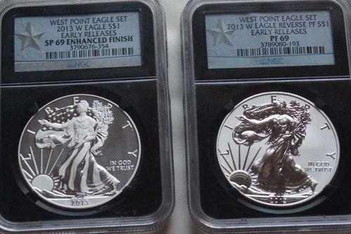 2013-W Reverse Proof Silver Eagle NGC PF69 & Enhanced SP69 2-Coin West Point Set
