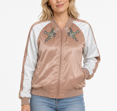 Kendall & Kylie Womens Bomber Jacket Freedom And Birds Satin Zip NEW