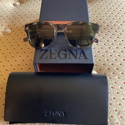 Zegna Men's Rectangular Tortoise Sunglasses Brown acetate Frame & Green Lens.