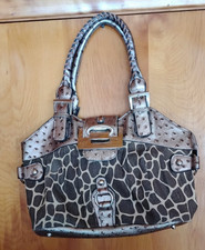 Womens Brown Animal Print Satchel Top Handle Bag Zip Lined Pockets Studded