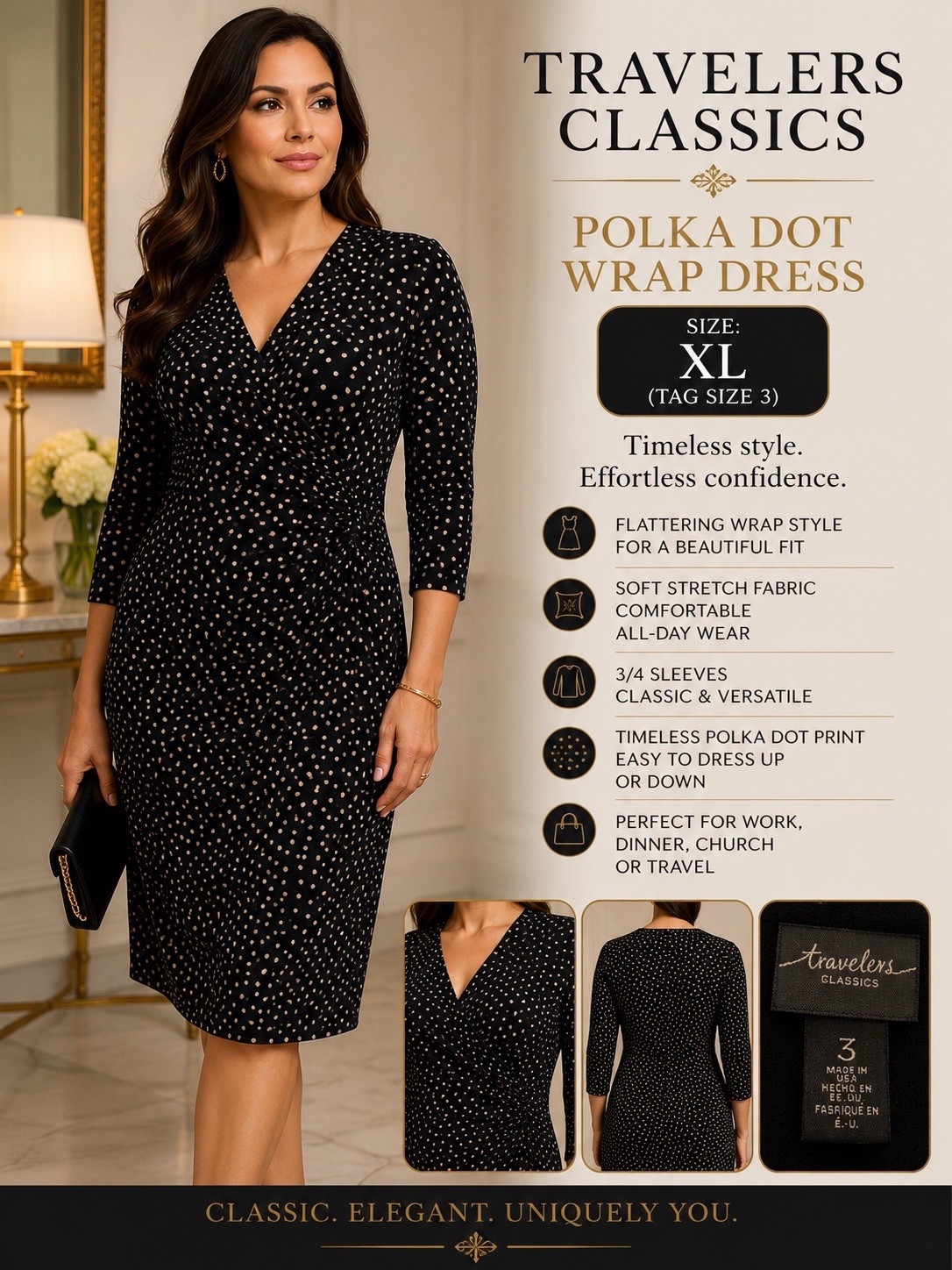Travelers Classics Polka Dot Wrap Dress XL Black White Stretch Midi Dress