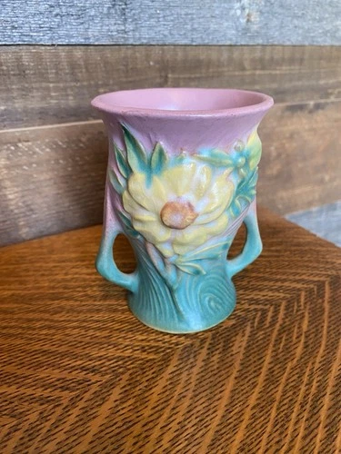 VINTAGE ROSEVILLE POTTERY PINK & BLUE/GRN PEONY DOUBLE HANDLE VASE 57-4
