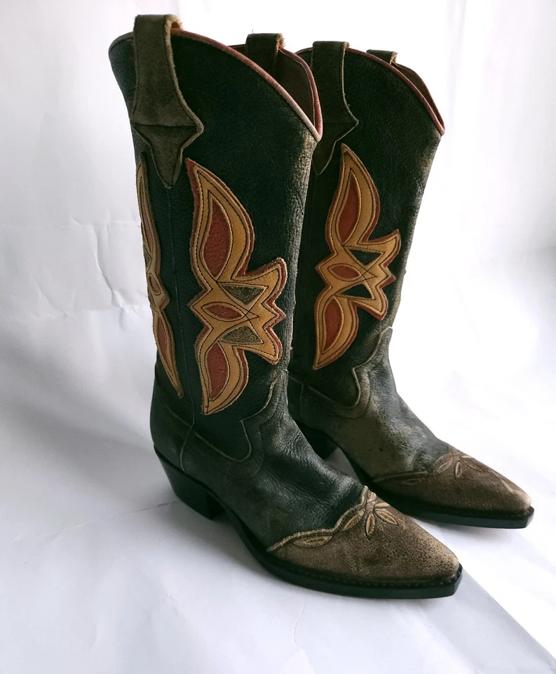 Vintage Brown Leather Cowboy Boots Women 7.5 Boho Western Festival Style - Image 2 of 4