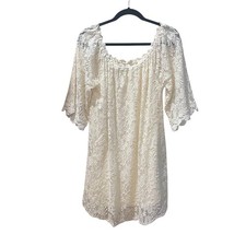 Umgee Womens Lace Off Shoulder Natural Cream Ivory Mini Dress Sz Medium Lined