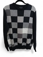 Geoffrey Beene Men's 100% Cotton Knit Pullover  Sweater Size L Black White Grey