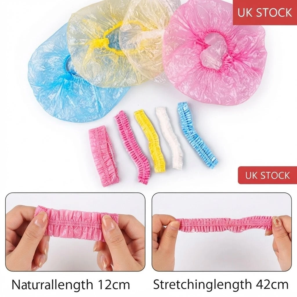 50-100 Stück Damen Einweg Kunststoff Wasserdicht Duschkappen Elastisch Badekappe UK