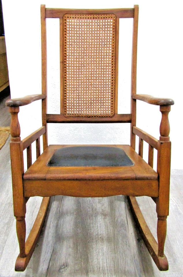 Antique Mission Style Oak Cane Back Black Leather Seat Rocking Chair - Image 2 of 4