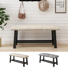 39" Vintage Entryway Bench Linen Upholstered End of Bed Ottoman with Wood Legs