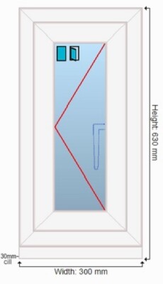 FENSTER UPVC doppelt verglast WEISS Rahmen + Glas & Griff 300 mm x 630 mm - Maßanfertigung
