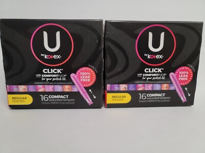 (2) U By Kotex Click Compact Tampons-Regular Absorbency-Unscented-16ct. Each
