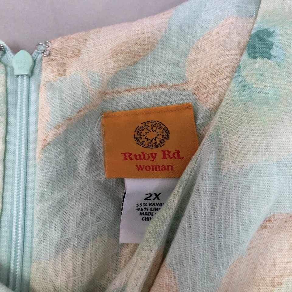 Vestido Ruby Rd Azul Verde Marrón Abstracto Floral Columpio Mezcla Lino 2X A3090 Foto 3 de 4