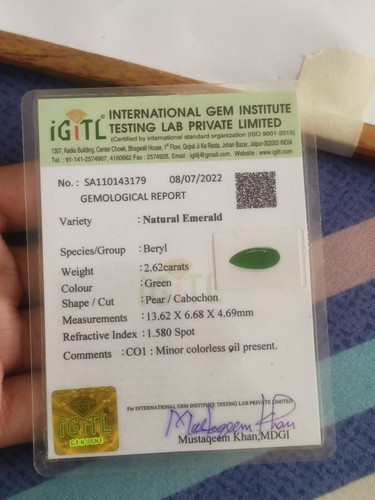 Cabujón con forma de pera esmeralda natural zambiana de 2,62 quilates con certificación IGITL LAB - Imagen 2 de 4