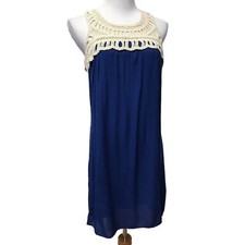 Charming Charlie Dress Womens Small Crochet Neckline Blue Beige