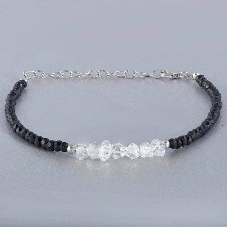Brazalete de cuentas de diamantes Herkimer y espinela negra natural hecho a mano 8,5" hilo Foto 4 de 4