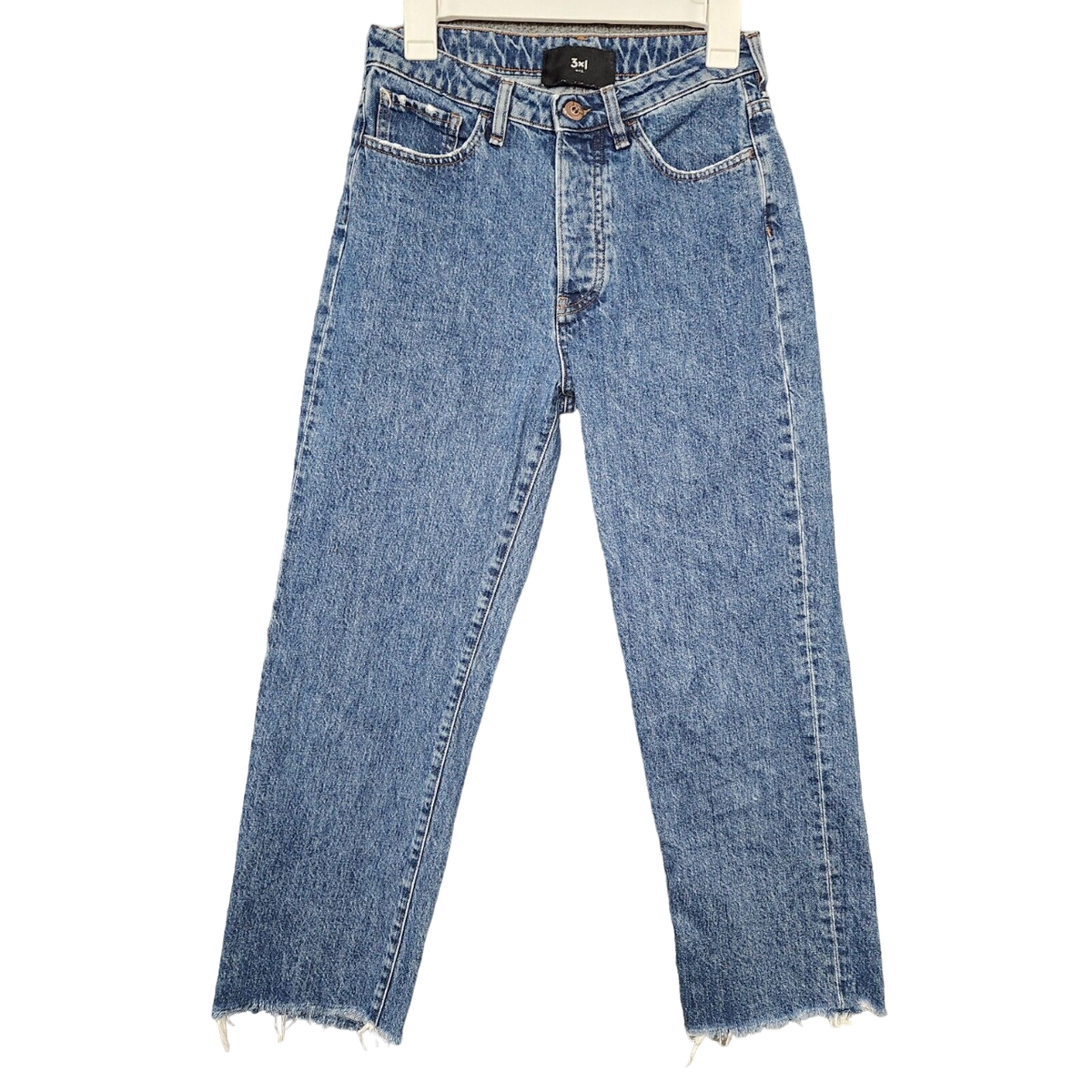 3X1 Sabina Distressed Raw Hem Button Fly Straight Denim Blue Jeans