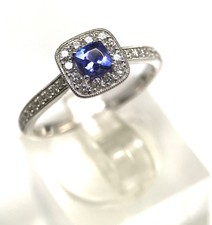 tanzanite & diamond ring 18ct white gold cushion cluster size M 1/2, new.