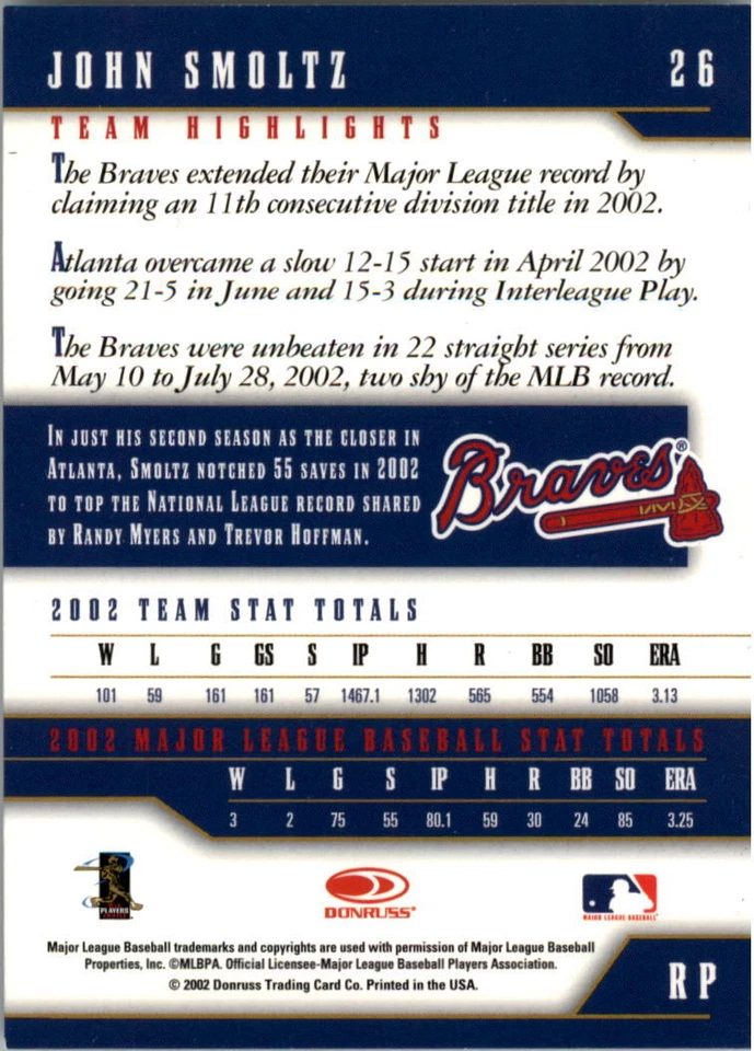 2003 Donruss Team Heroes Stat Line #26 John Smoltz /85 - NM-MT - Image 2 of 2
