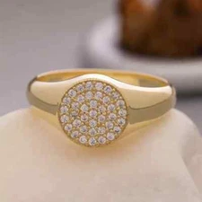 Signet Band Pave Ring Round Cut Moissanite Pave Signet Engagement Ring For Women