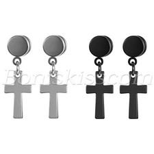 2pcs Mens Womens Punk Charm Stainless Steel Cross Drop Dangle Ear Studs Earrings