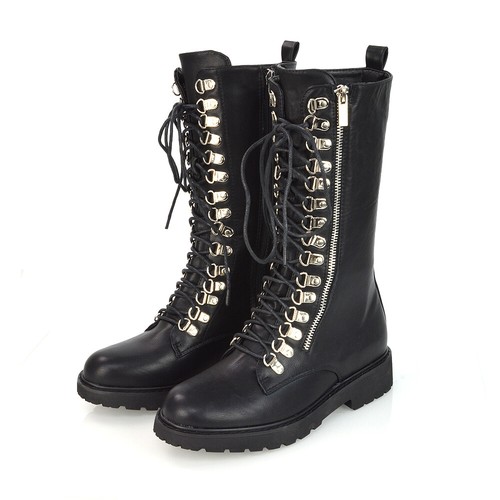 Womens Lace Up Boots Mid Calf Zip Ladies Biker Black Synthetic Leather Shoes 3-8 - Picture 7 of 12