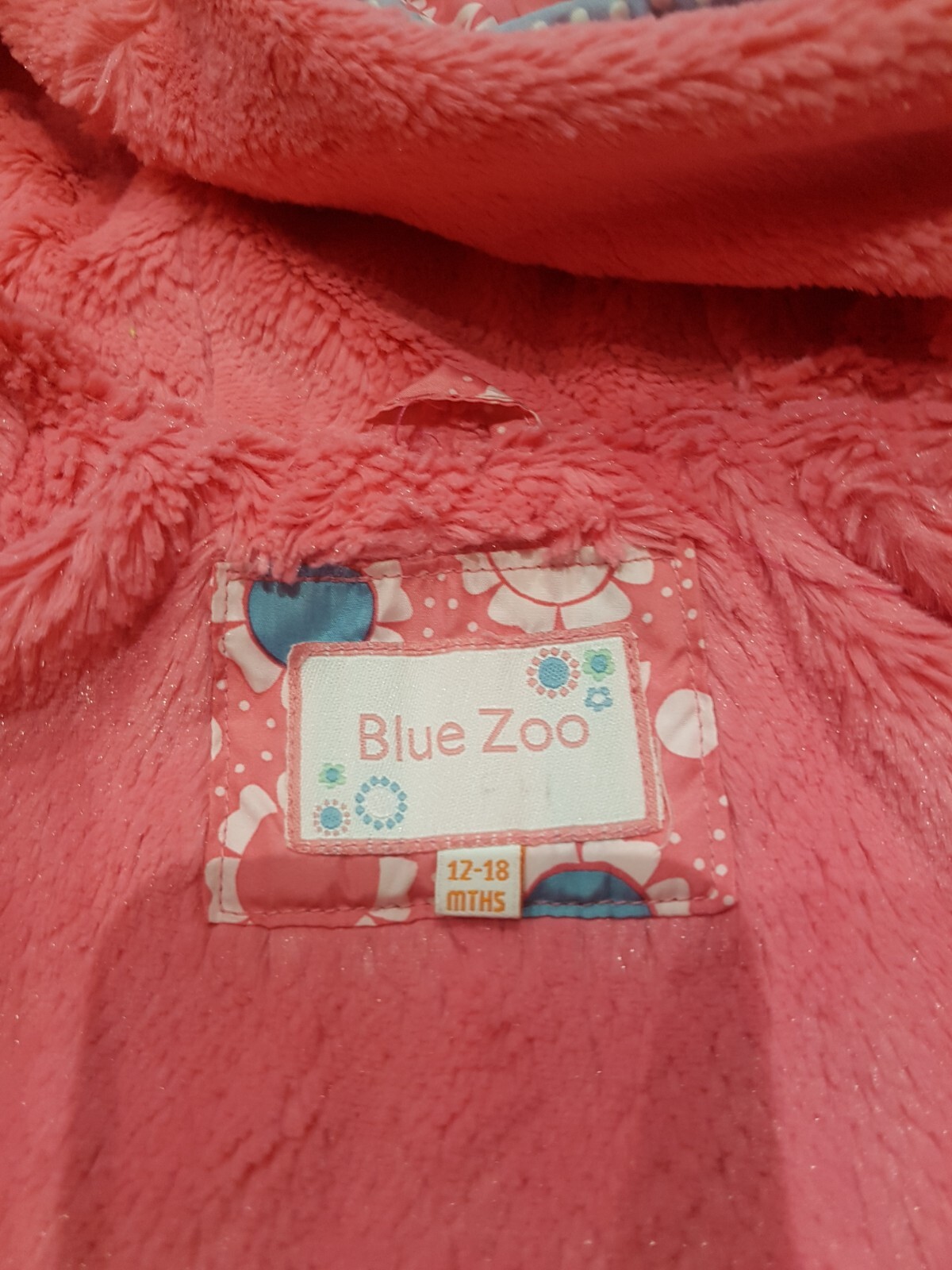 Blue zoo baby girl coat. padded and fur lined. 1218 months. good