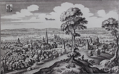 Antique lithograph cityscape Bensheim after the copperplate engraving M. Merian