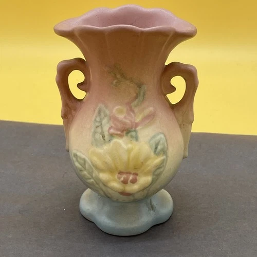 Hull Pottery Magnolia Vase Pink/Blue, Label Vintage Early 1940’s Vase 5”