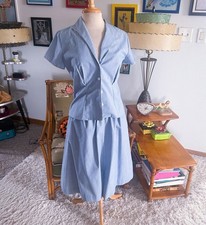 Vintage 1940s Style Suit Set Jacket Skirt Blue White Stripe M 40s 80s