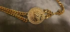 Vintage chunky goldtone  rhinestone-border faux 1834 Liberty coin medallion Belt
