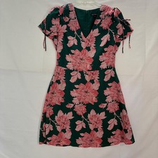 J Crew Mercantile Floral Fit & Flare Dress 4 Green Pink Tie Sleeve Garden Party