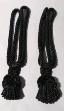 ROPE CORD BLACK CURTAIN TIE BACKS w/ TASSEL ORNAMENTAL SET (2)