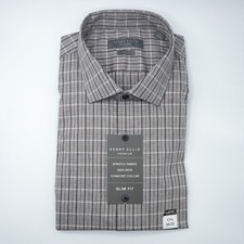 Perry Ellis Dress Shirt 17.5"-34/35" SLIM FIT Gray Red White Plaid Non Iron NWT