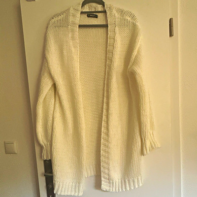 SHEILAY Damen Strickjacke Cardigan Grobstrick Weiß Langarm Größe L