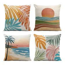 Summer Pillow Covers 18x18 Inch Set of 4 Ropical Sunset Coastal Palm Leaves B...
